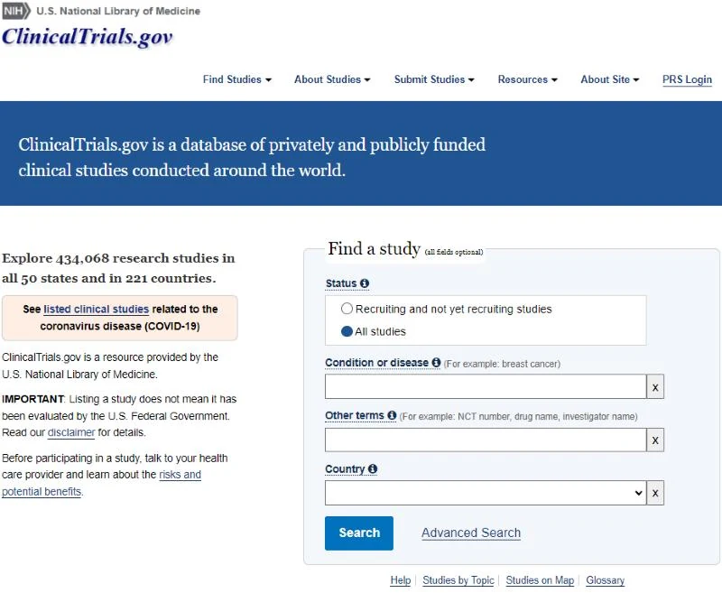 Screenshot: the ClinicalTrials.gov home page.