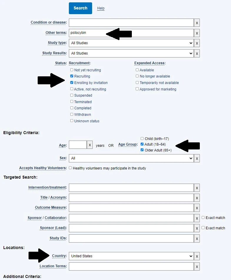 Screenshot: ClinicalTrials.gov advanced search with psilocybin entered under Other terms, recruiting and enrolling-by-invitation studies, adult age groups, and United States selected.