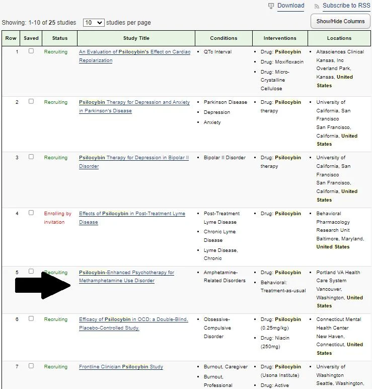 Screenshot: ClinicalTrials.gov search results listing psilocybin studies.