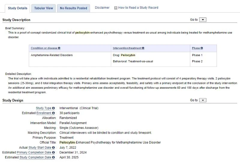 Screenshot: the study description and design section of a psilocybin trial record.