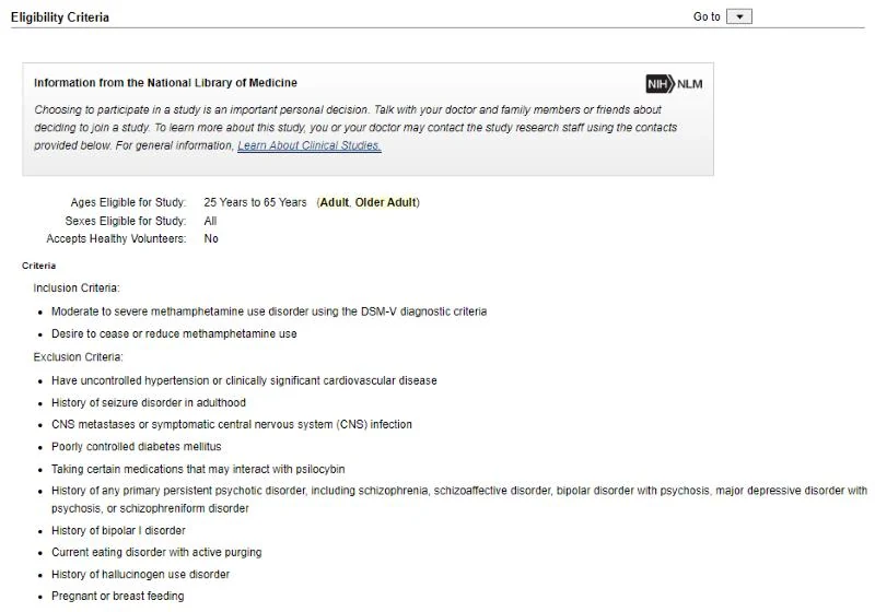 Screenshot: the eligibility criteria section of the same trial record.