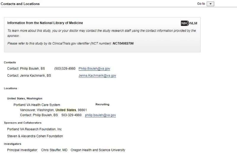 Screenshot: the contacts and locations section of the same trial record.