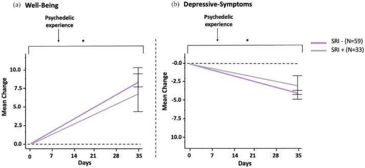 Charts: mean change in well-being and in depressive symptoms over 35 days after a psychedelic experience, for people on and off a serotonin reuptake inhibitor (SRI).